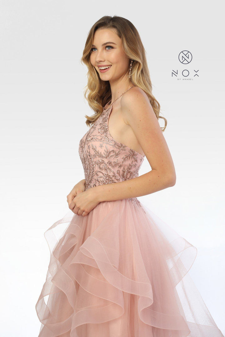 Long Embellished Halter Dress with Ruffled Skirt by Nox Anabel S266-Long Formal Dresses-ABC Fashion