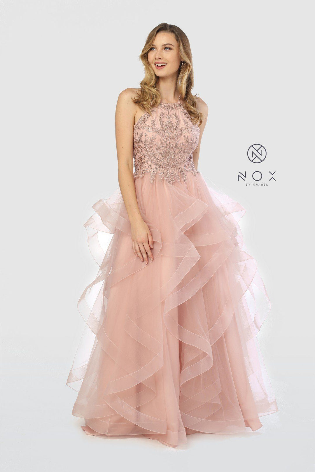 Long Embellished Halter Dress with Ruffled Skirt by Nox Anabel S266-Long Formal Dresses-ABC Fashion