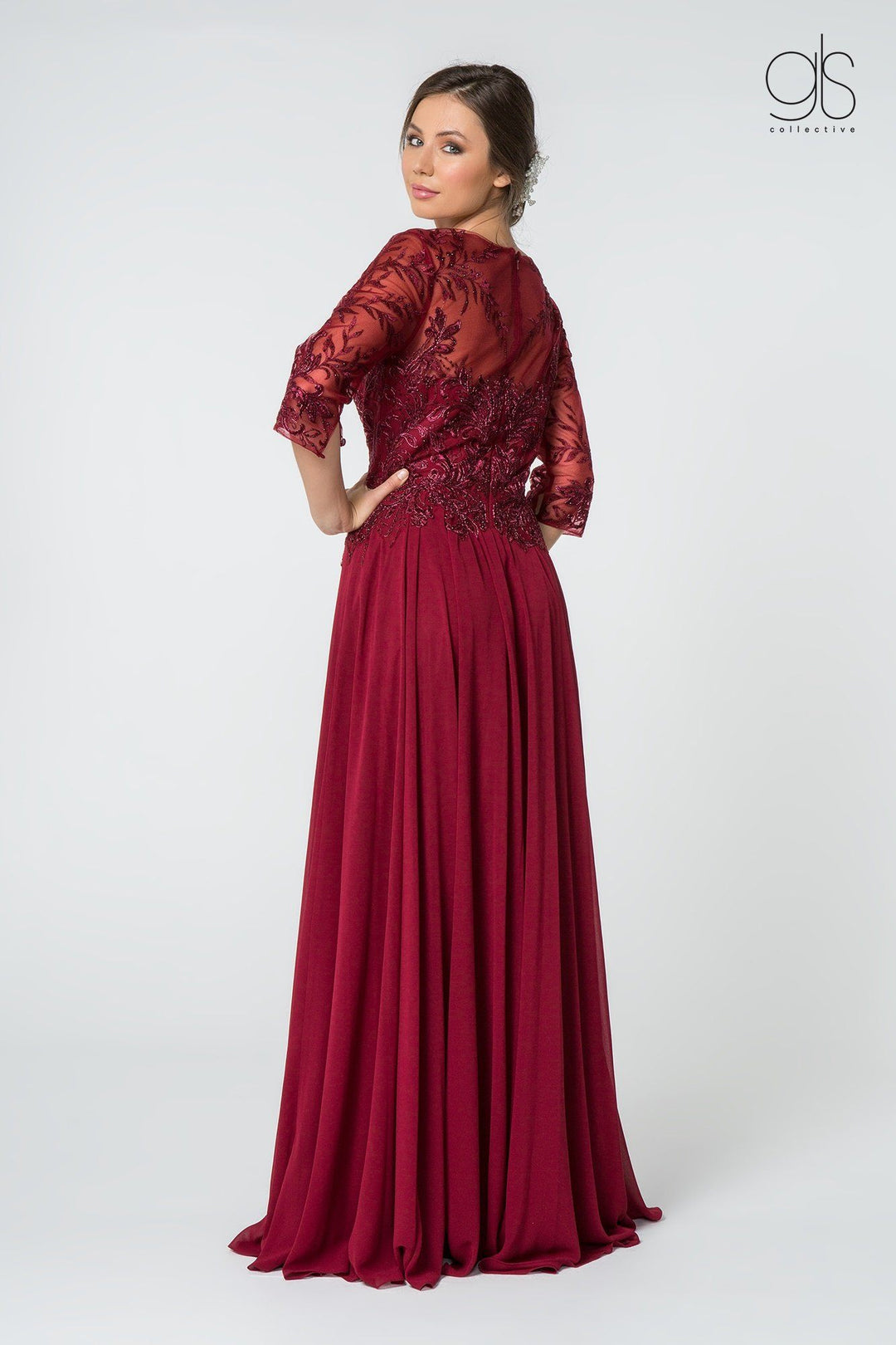 Long Embroidered Bodice Dress with 3/4 Sleeves by Elizabeth K GL2810-Long Formal Dresses-ABC Fashion