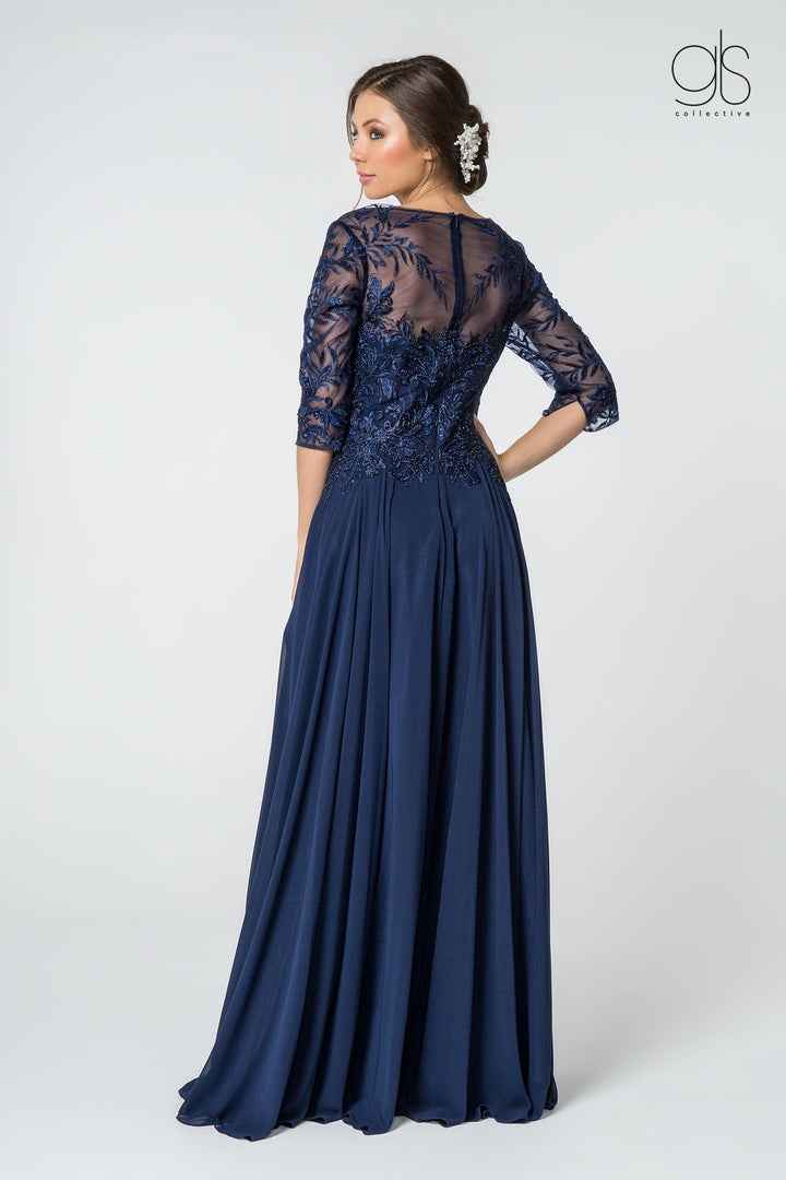 Long Embroidered Bodice Dress with 3/4 Sleeves by Elizabeth K GL2810-Long Formal Dresses-ABC Fashion