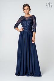 Long Embroidered Bodice Dress with 3/4 Sleeves by Elizabeth K GL2810-Long Formal Dresses-ABC Fashion
