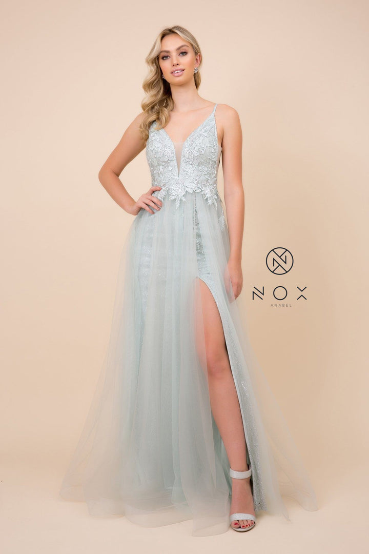Long Embroidered Bodice V-Neck Dress by Nox Anabel E367