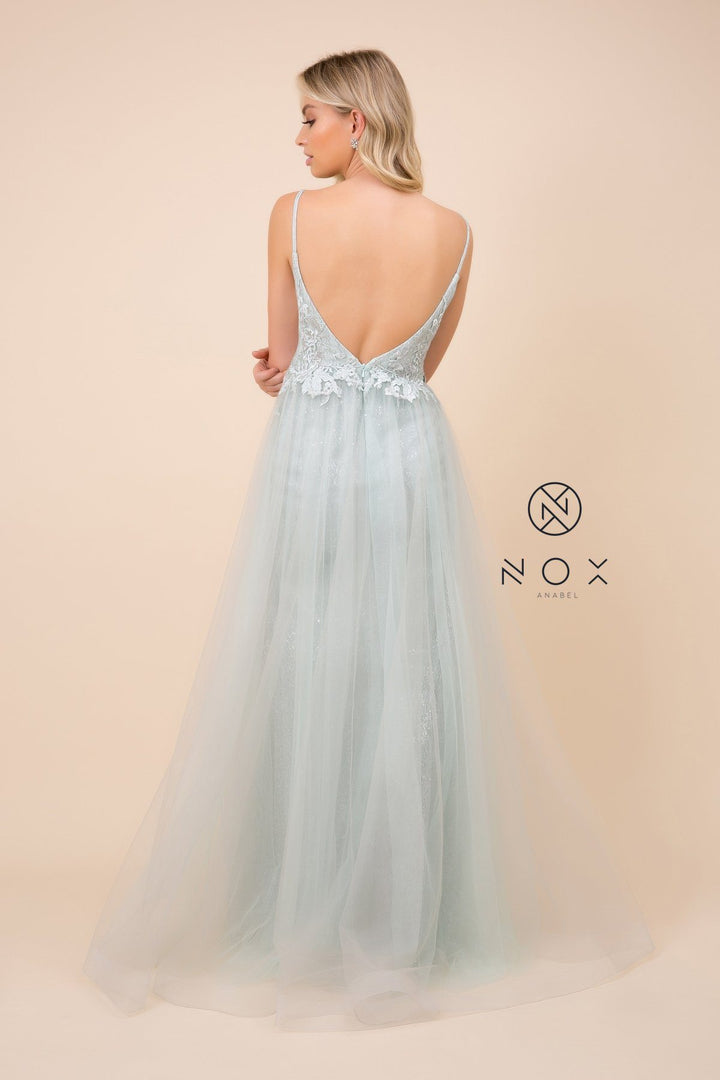 Long Embroidered Bodice V-Neck Dress by Nox Anabel E367