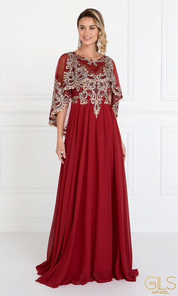 Long Embroidered Burgundy Cape Dress by Elizabeth K GL1527