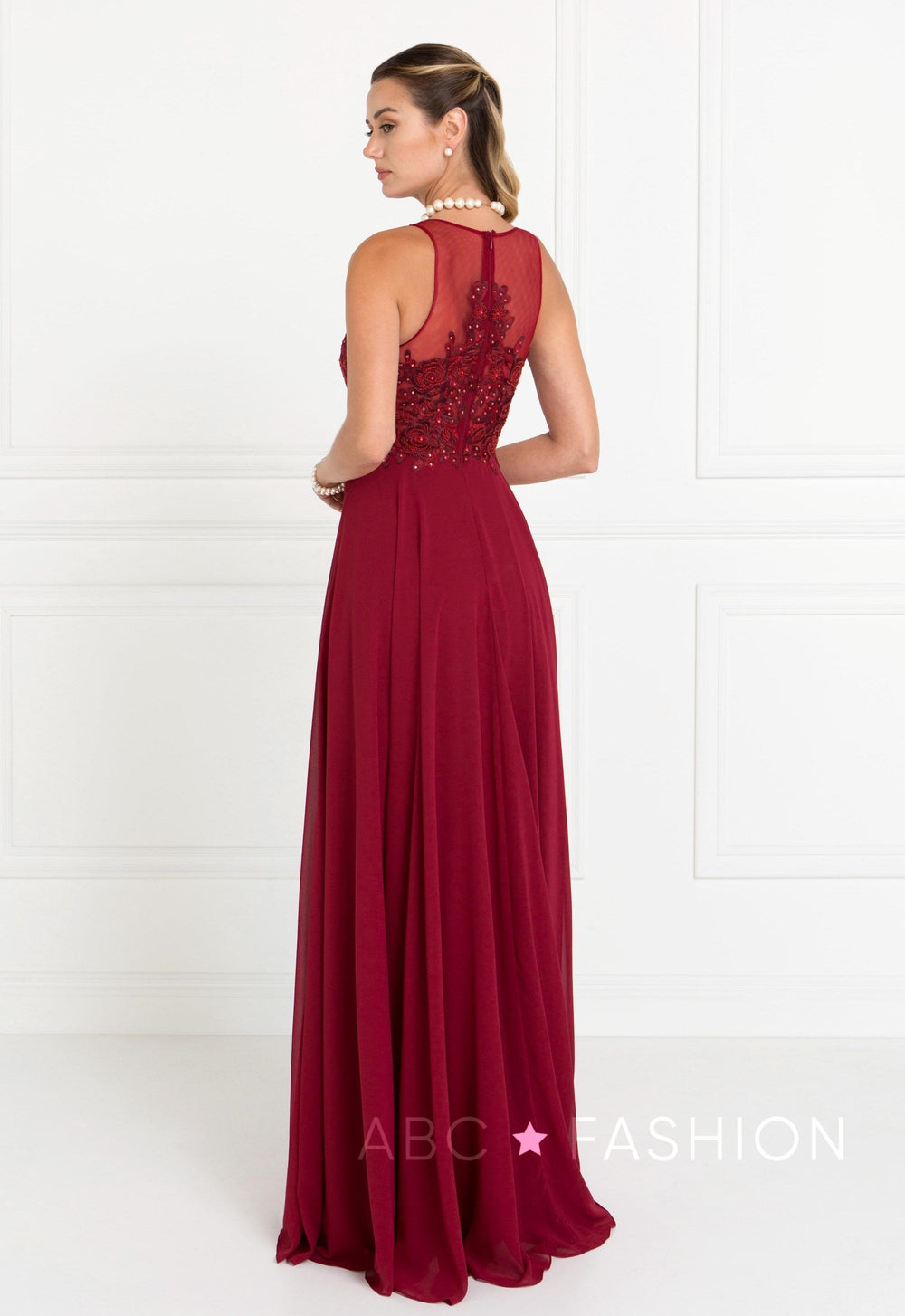 Long Embroidered Burgundy Chiffon Dress by Elizabeth K GL1570-Long Formal Dresses-ABC Fashion