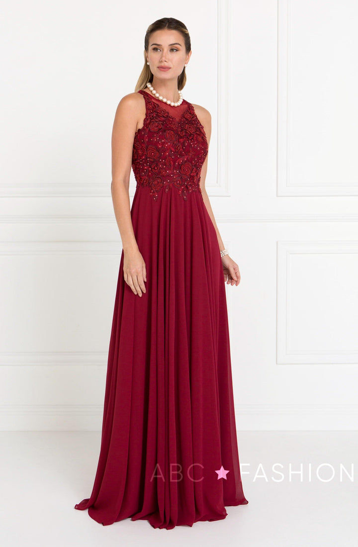 Long Embroidered Burgundy Chiffon Dress by Elizabeth K GL1570-Long Formal Dresses-ABC Fashion