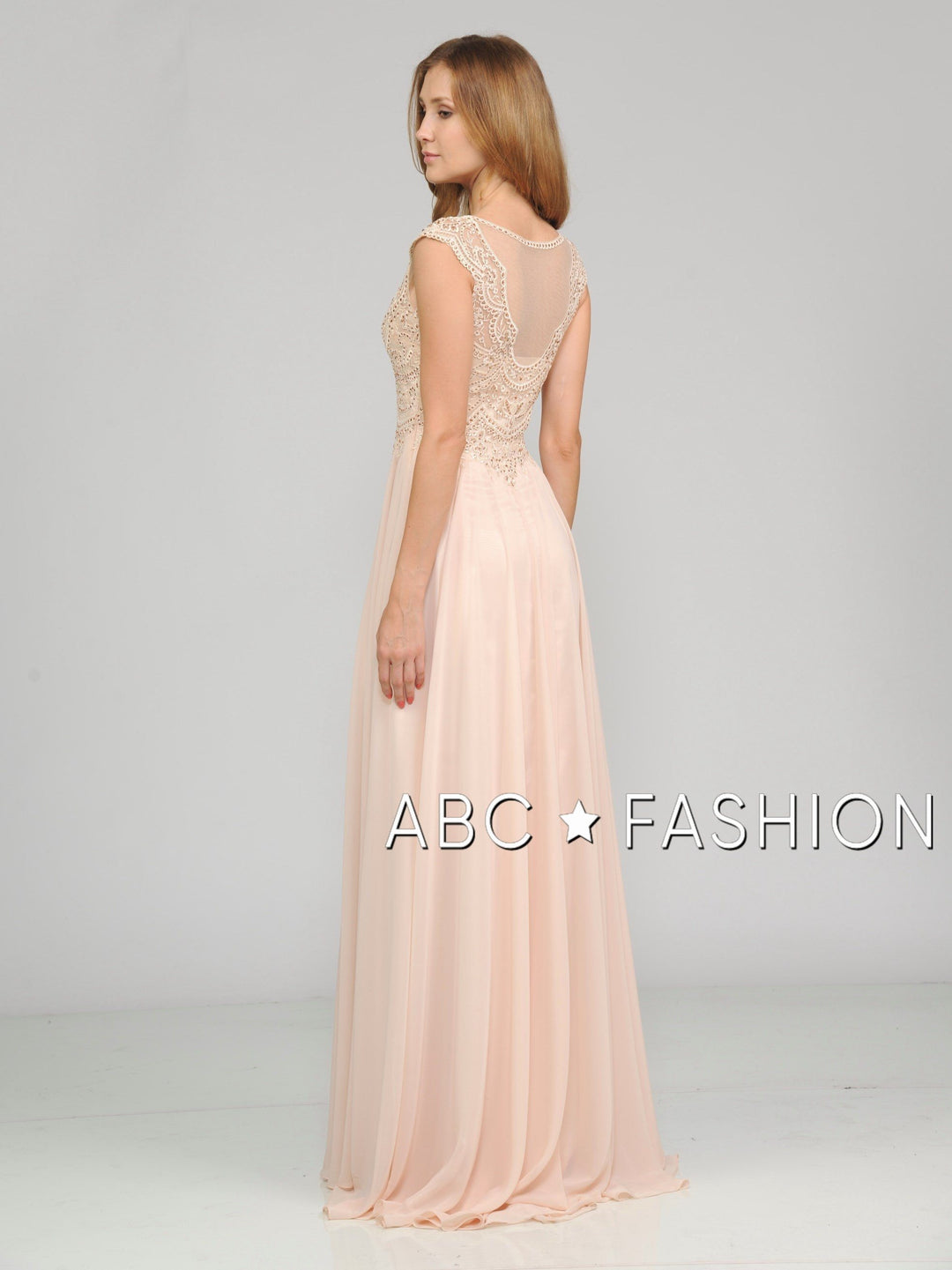 Long Embroidered Cap Sleeve Dress with Slit by Poly USA 8254-Long Formal Dresses-ABC Fashion