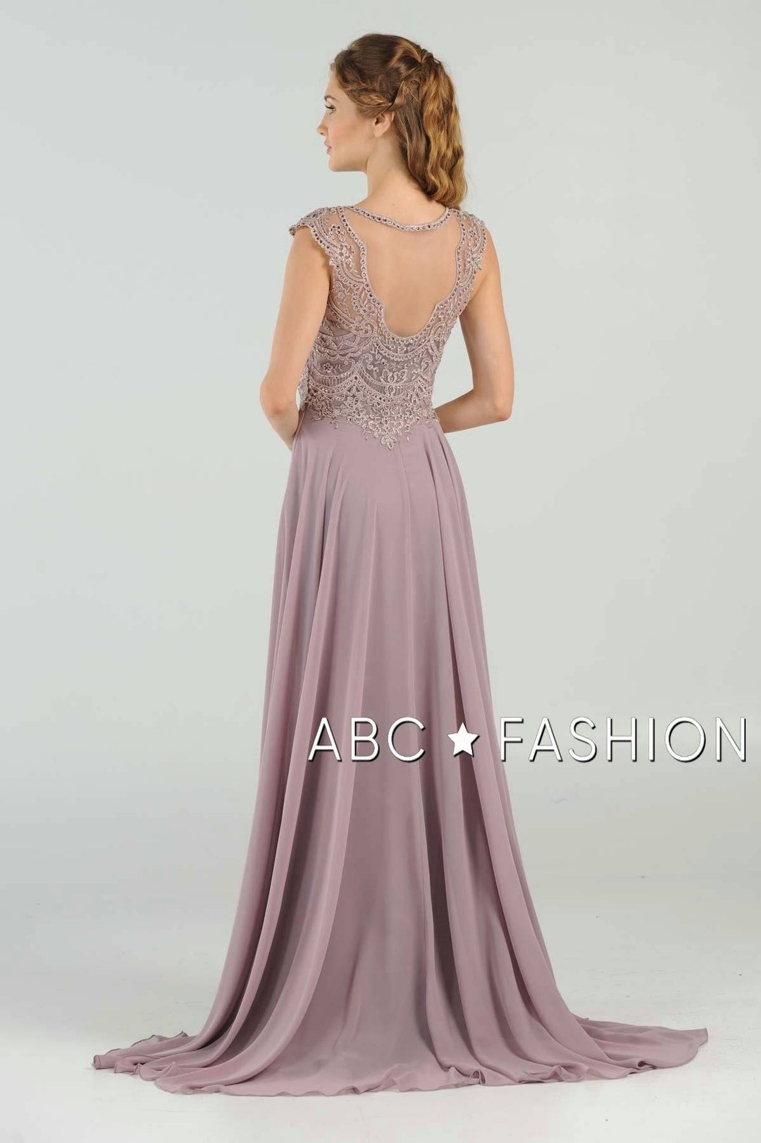 Long Embroidered Cap Sleeve Dress with Slit by Poly USA 8254-Long Formal Dresses-ABC Fashion