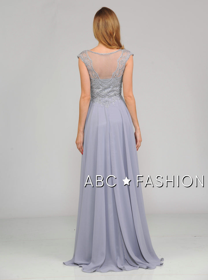 Long Embroidered Cap Sleeve Dress with Slit by Poly USA 8254-Long Formal Dresses-ABC Fashion