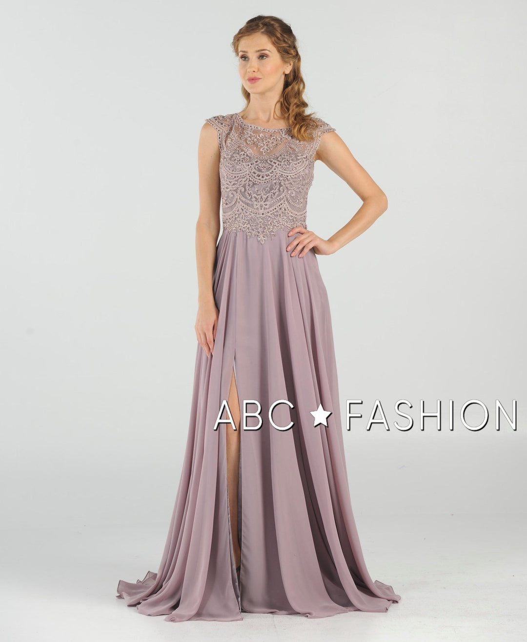 Long Embroidered Cap Sleeve Dress with Slit by Poly USA 8254-Long Formal Dresses-ABC Fashion