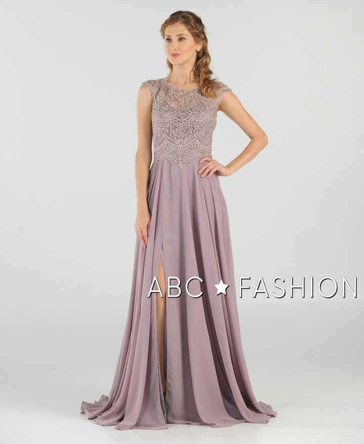 Long Embroidered Cap Sleeve Dress with Slit by Poly USA 8254-Long Formal Dresses-ABC Fashion