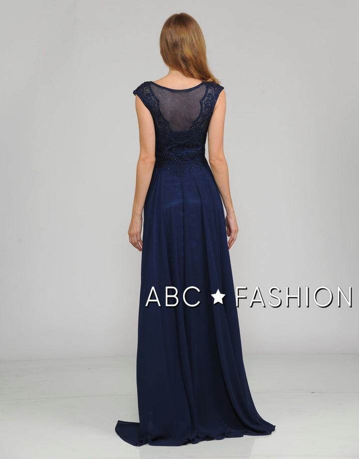 Long Embroidered Cap Sleeve Dress with Slit by Poly USA 8254-Long Formal Dresses-ABC Fashion