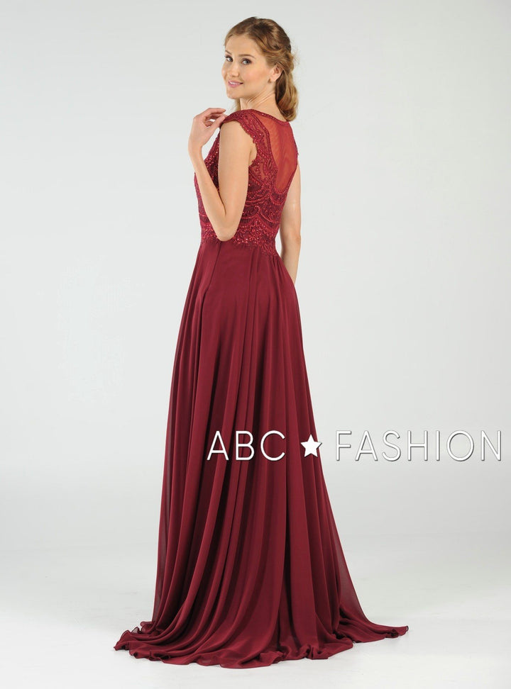 Long Embroidered Cap Sleeve Dress with Slit by Poly USA 8254-Long Formal Dresses-ABC Fashion