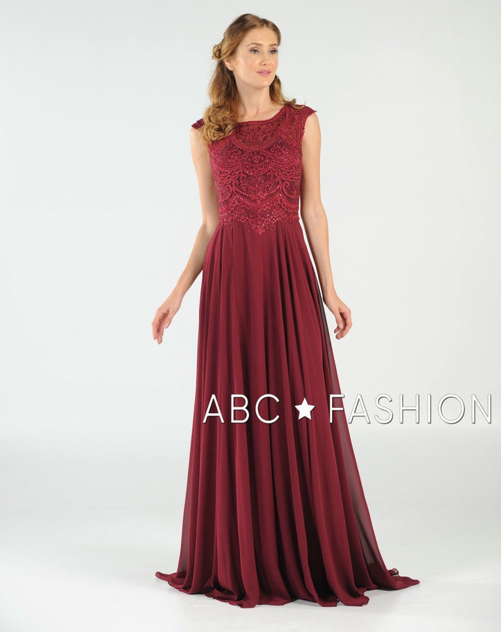 Long Embroidered Cap Sleeve Dress with Slit by Poly USA 8254-Long Formal Dresses-ABC Fashion