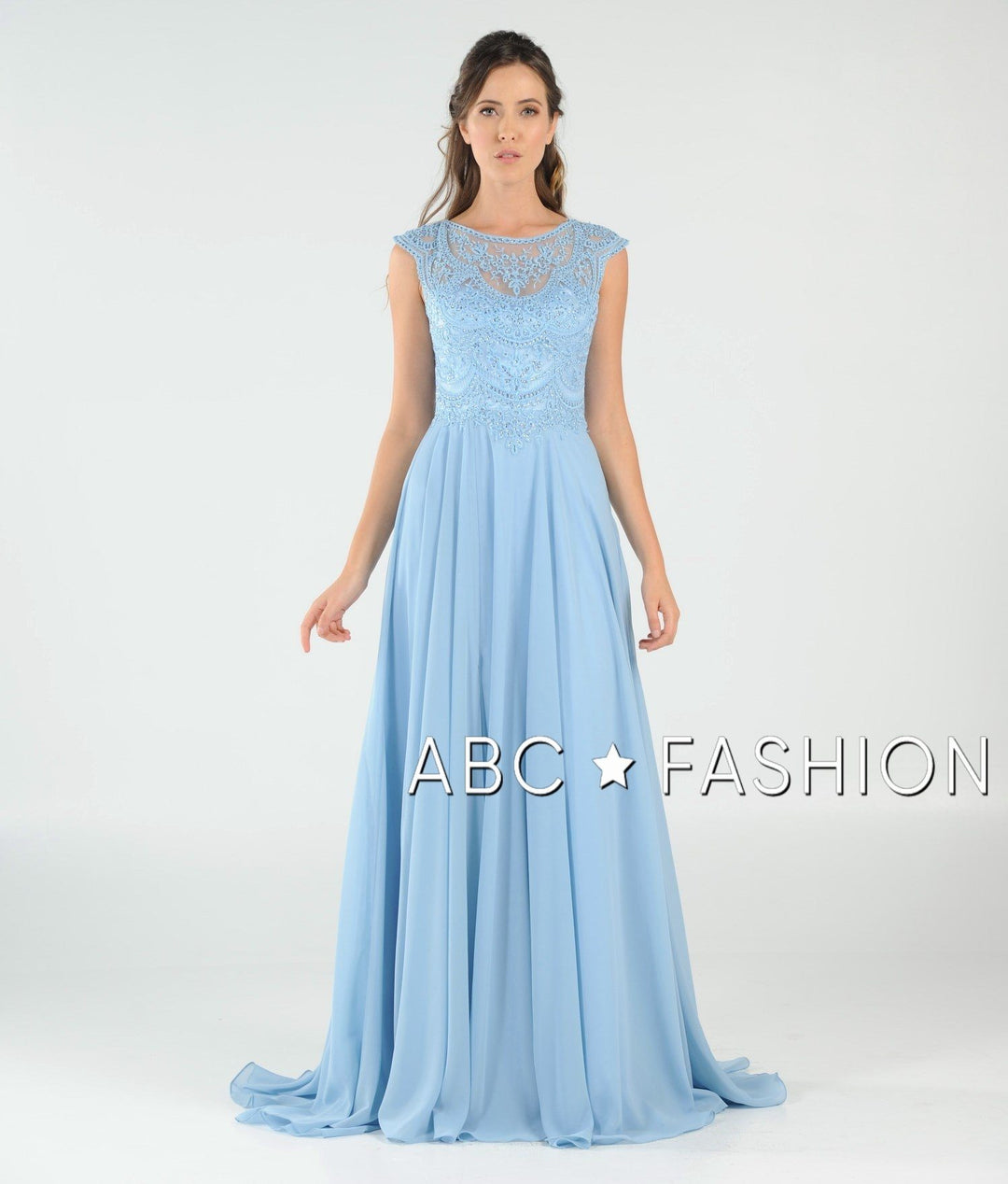 Long Embroidered Cap Sleeve Dress with Slit by Poly USA 8254-Long Formal Dresses-ABC Fashion