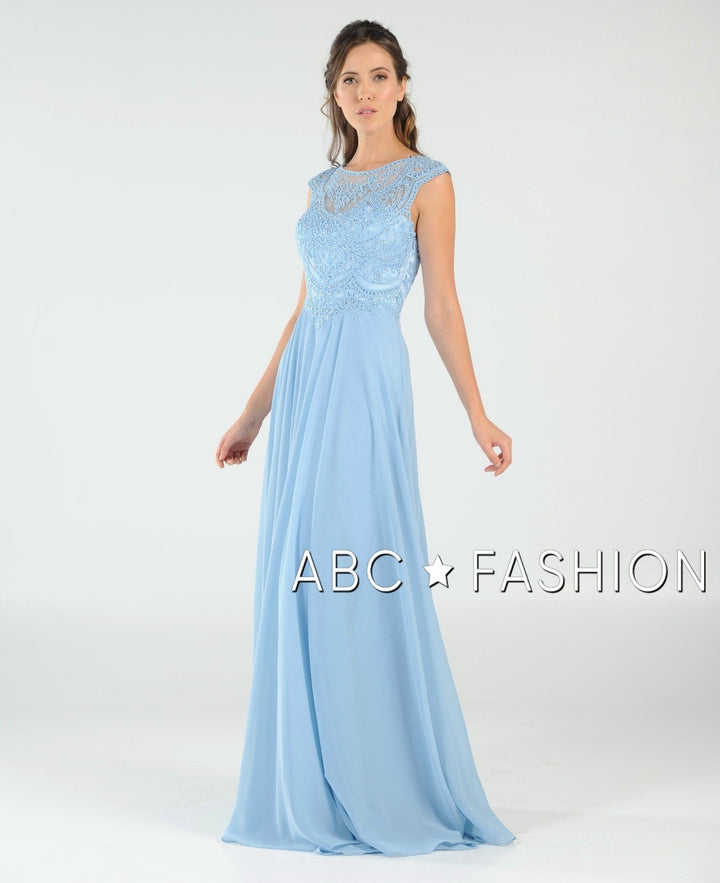 Long Embroidered Cap Sleeve Dress with Slit by Poly USA 8254-Long Formal Dresses-ABC Fashion