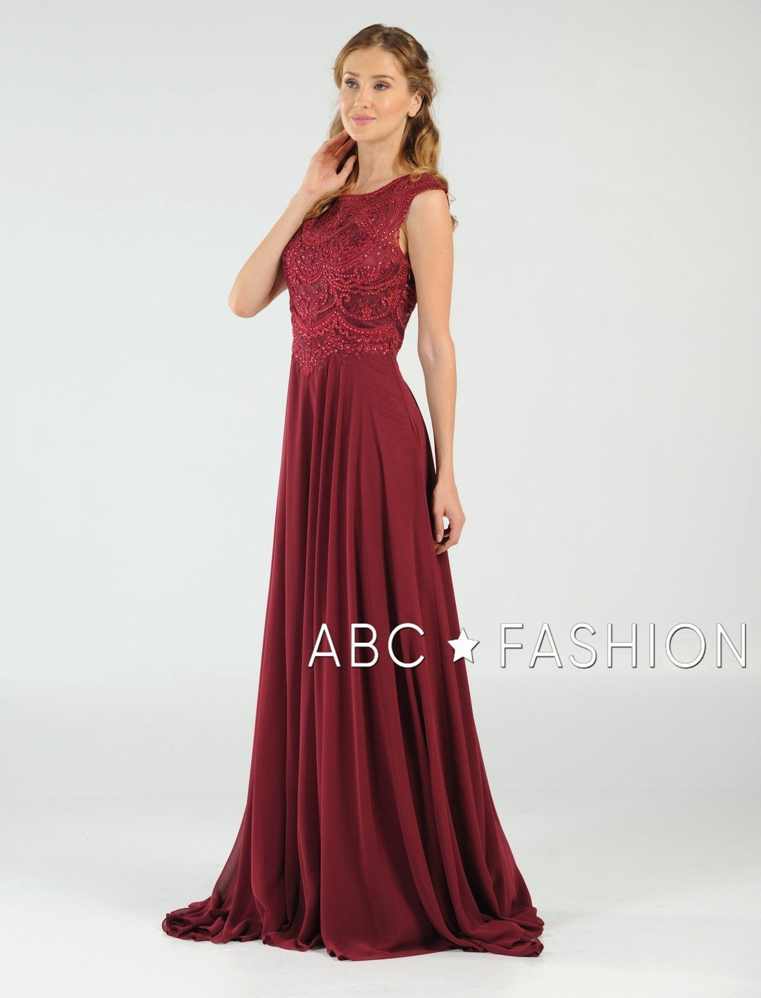 Long Embroidered Cap Sleeve Dress with Slit by Poly USA 8254-Long Formal Dresses-ABC Fashion