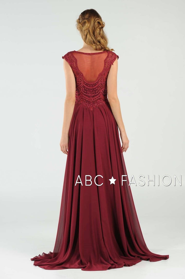 Long Embroidered Cap Sleeve Dress with Slit by Poly USA 8254-Long Formal Dresses-ABC Fashion