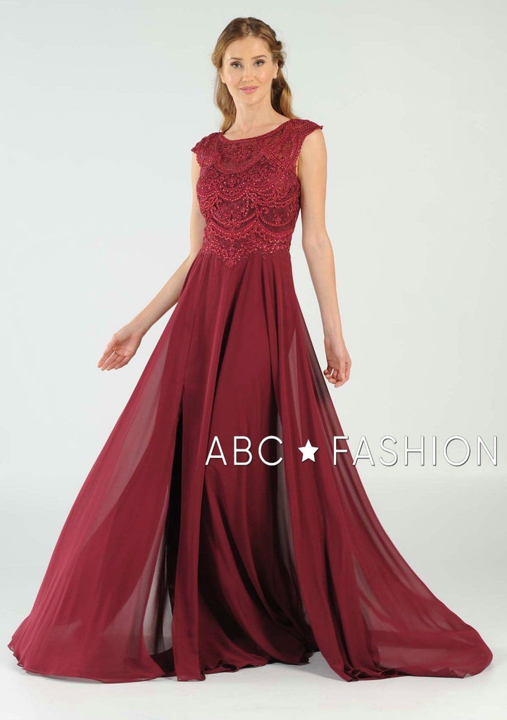 Long Embroidered Cap Sleeve Dress with Slit by Poly USA 8254-Long Formal Dresses-ABC Fashion