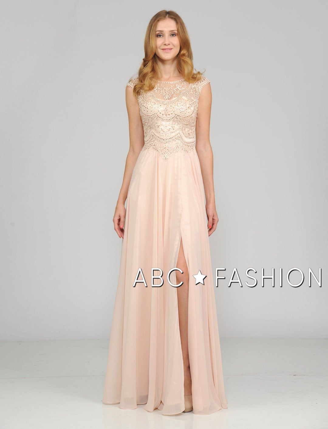 Long Embroidered Cap Sleeve Dress with Slit by Poly USA 8254-Long Formal Dresses-ABC Fashion