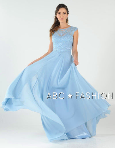 Long Embroidered Cap Sleeve Dress with Slit by Poly USA 8254-Long Formal Dresses-ABC Fashion