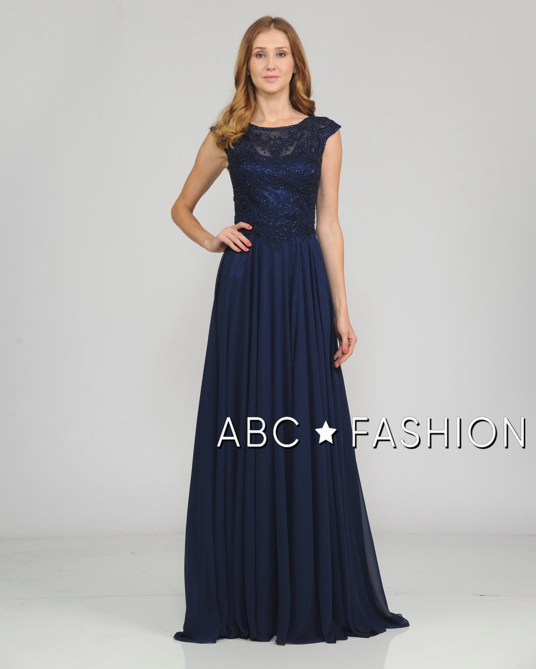 Long Embroidered Cap Sleeve Dress with Slit by Poly USA 8254-Long Formal Dresses-ABC Fashion