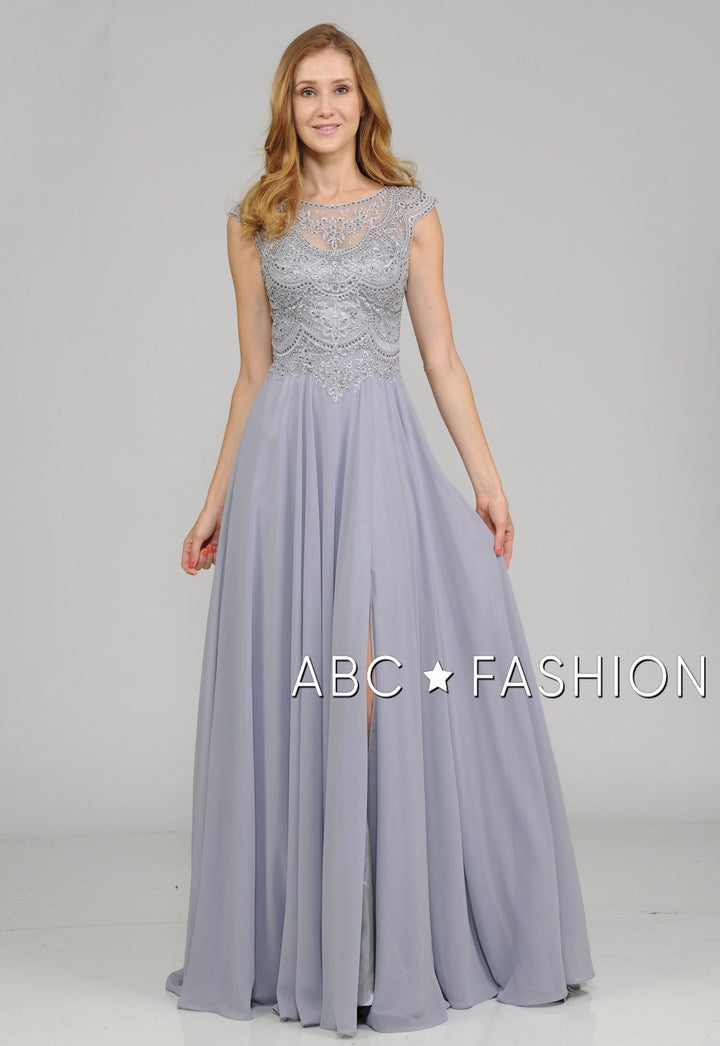 Long Embroidered Cap Sleeve Dress with Slit by Poly USA 8254-Long Formal Dresses-ABC Fashion