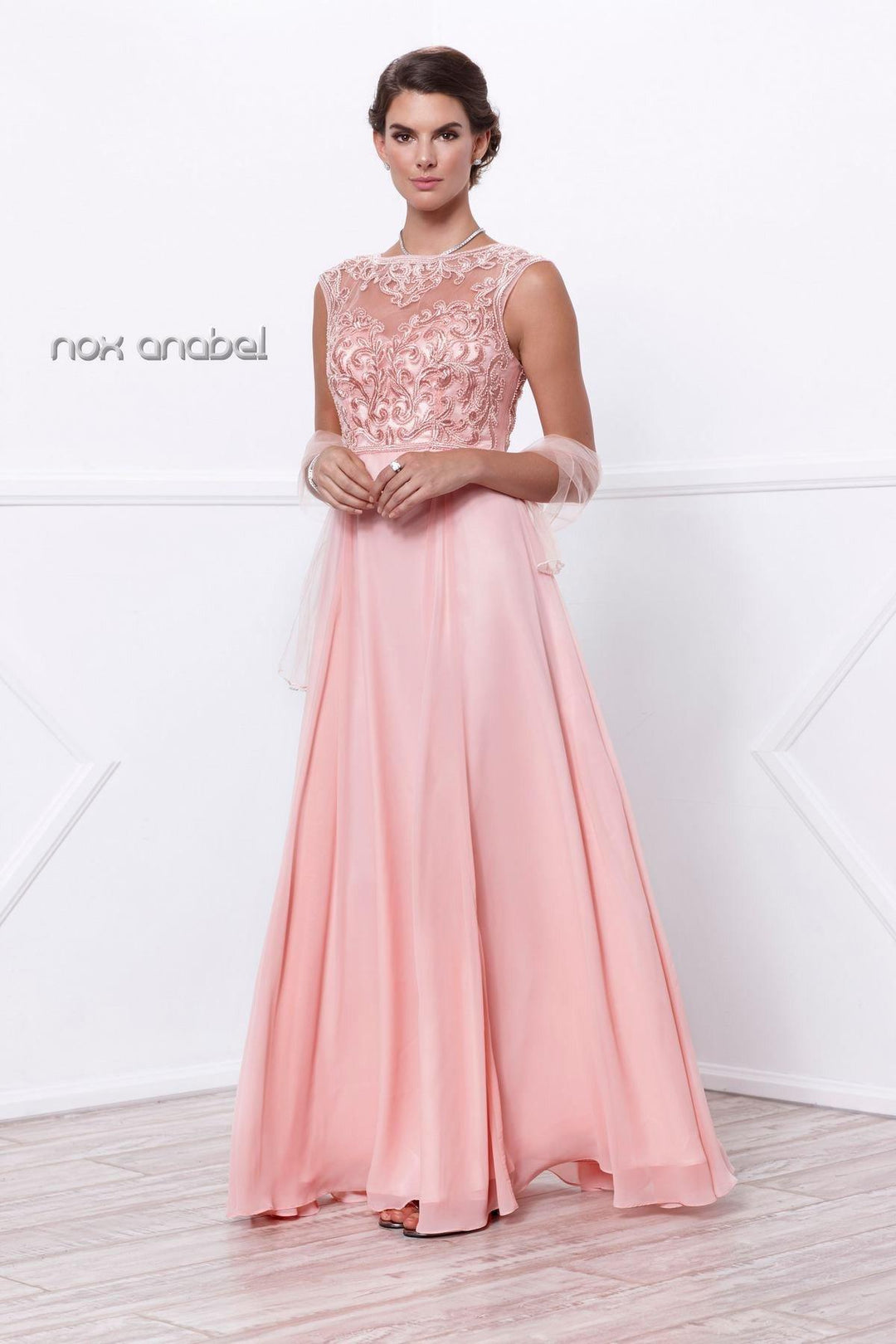 Long Embroidered Chiffon Dress by Nox Anabel 5151-Long Formal Dresses-ABC Fashion