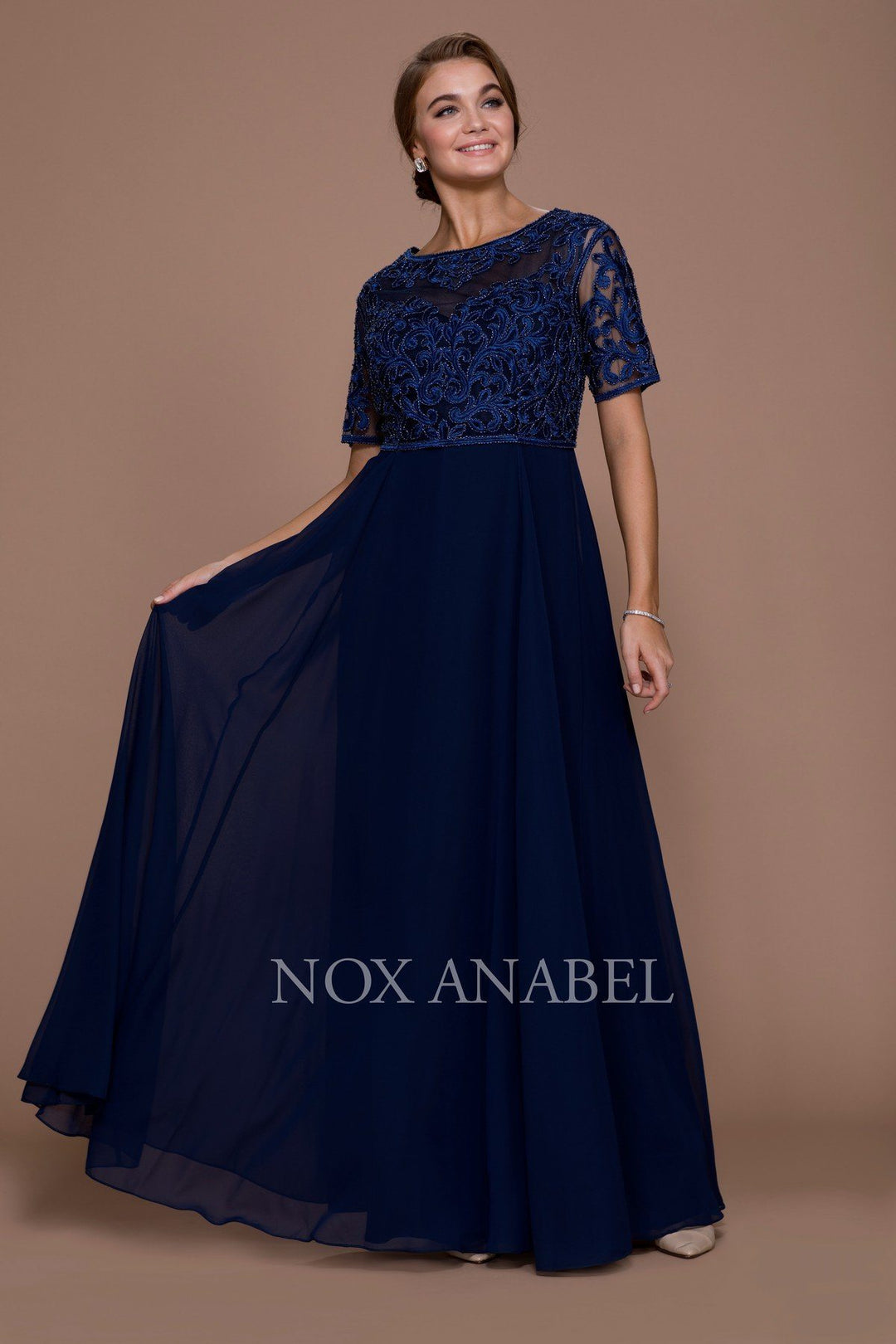 Long Embroidered Chiffon Dress by Nox Anabel 5151-Long Formal Dresses-ABC Fashion
