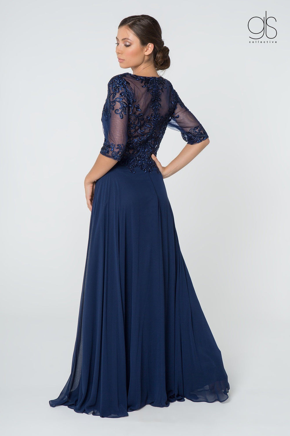 Long Embroidered Dress with Mid-Sleeves by Elizabeth K GL2812-Long Formal Dresses-ABC Fashion