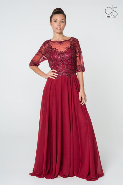 Long Embroidered Dress with Mid-Sleeves by Elizabeth K GL2812-Long Formal Dresses-ABC Fashion