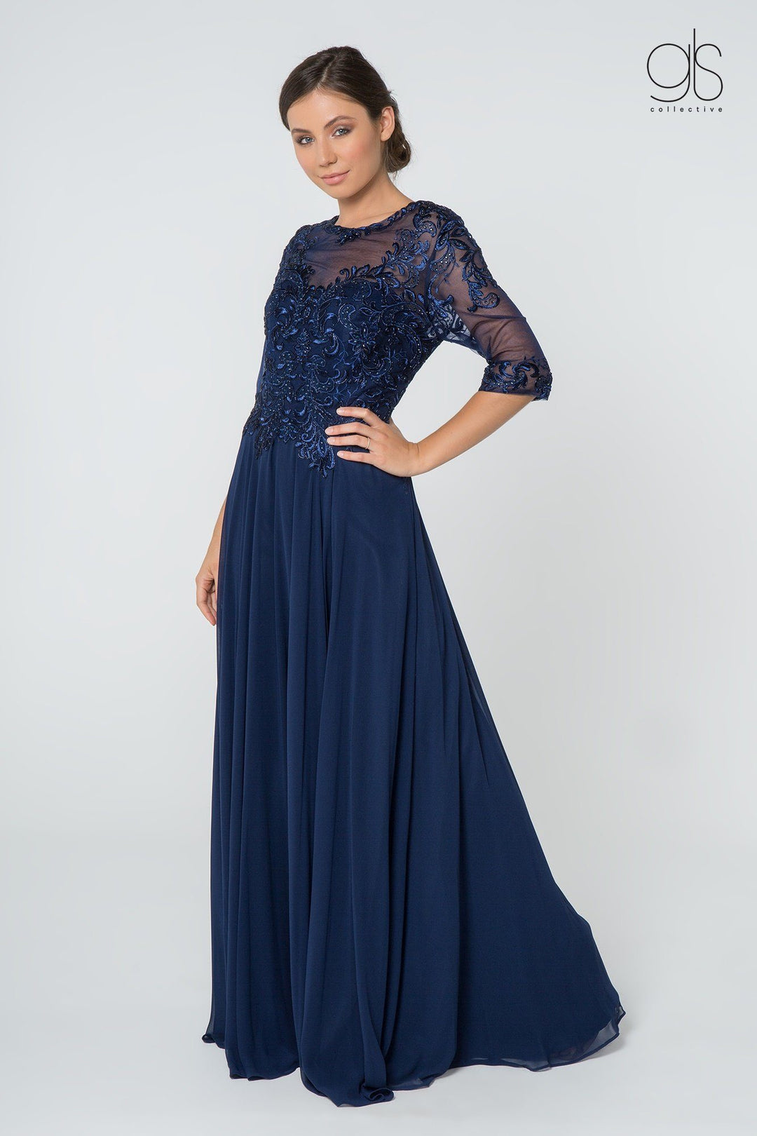 Long Embroidered Dress with Mid-Sleeves by Elizabeth K GL2812-Long Formal Dresses-ABC Fashion