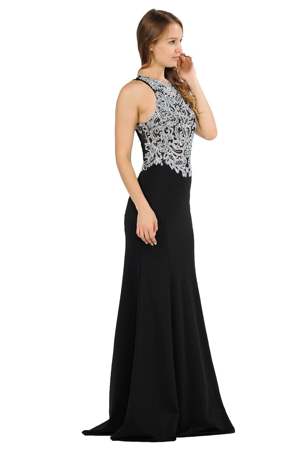 Long Embroidered Dress with Sheer Back by Poly USA 8314 L / Mocha Long Embroidered Dress with Sheer Back by Poly USA 8314 L / Mocha