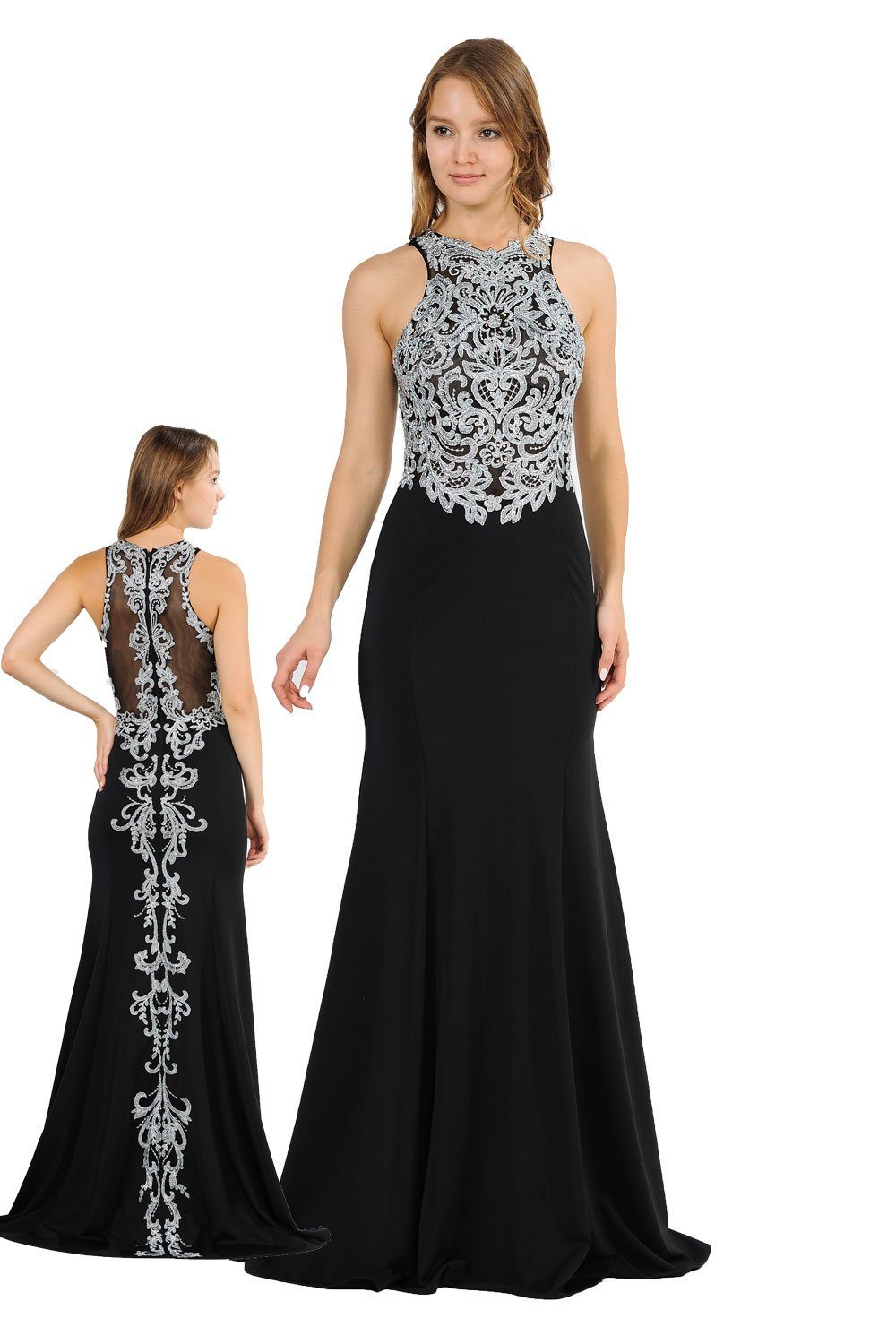 Long Embroidered Dress with Sheer Back by Poly USA 8314-Long Formal Dresses-ABC Fashion