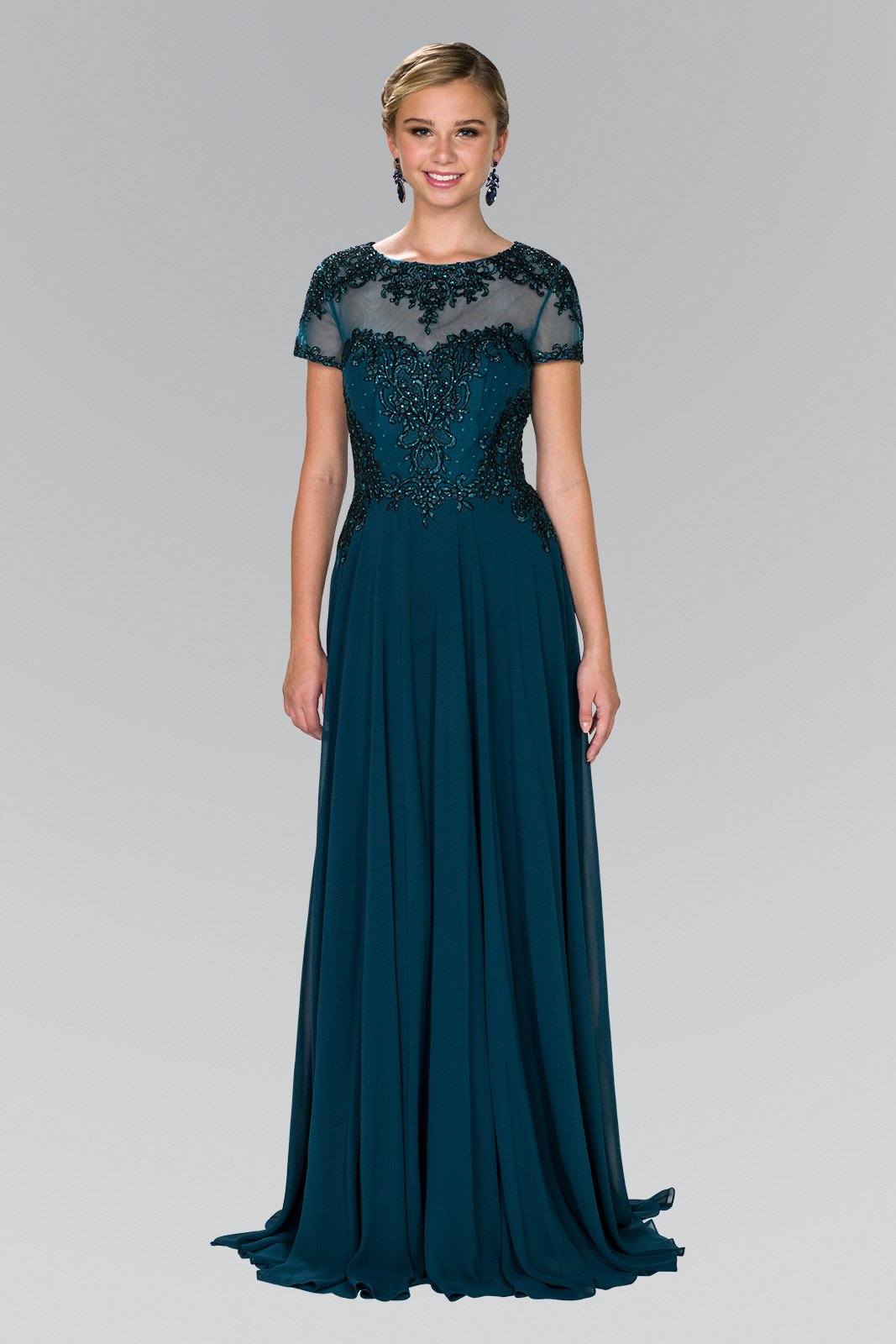 Long Embroidered Dress with Short Sleeves by Elizabeth K GL2406-Long Formal Dresses-ABC Fashion