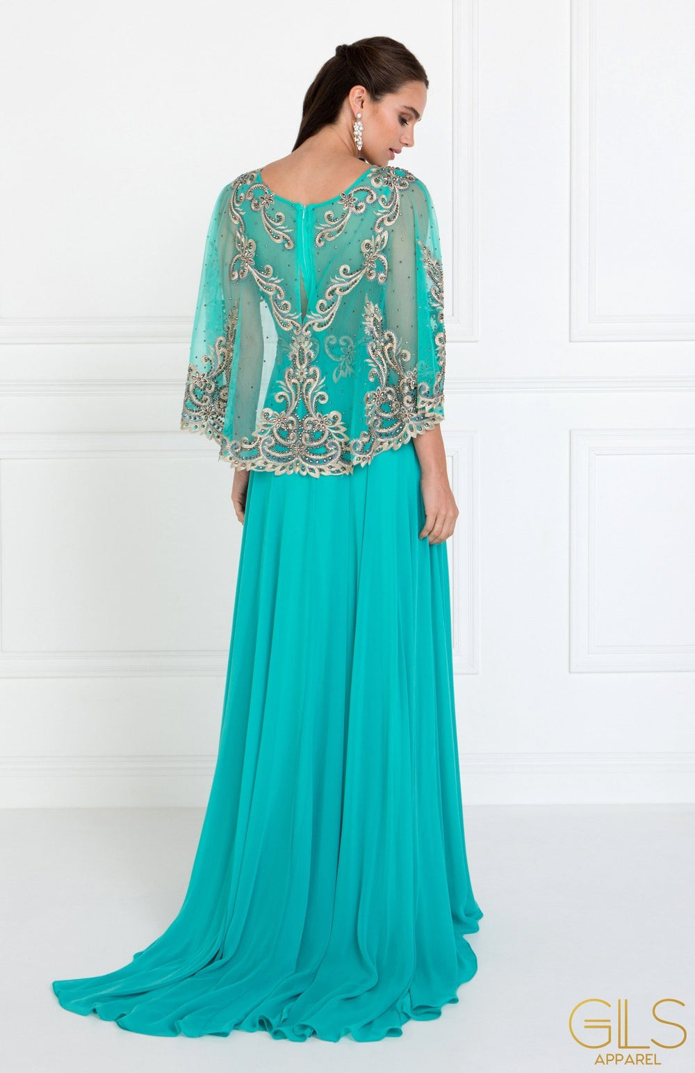 Long Embroidered Green Cape Dress by Elizabeth K GL1527-Long Formal Dresses-ABC Fashion