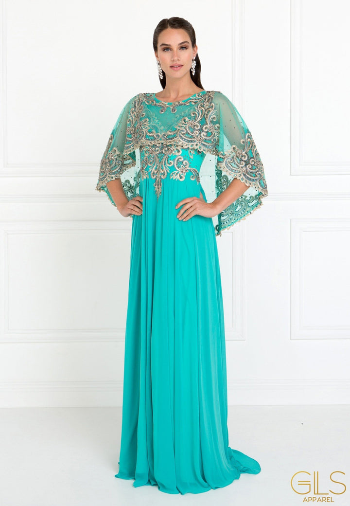 Long Embroidered Green Cape Dress by Elizabeth K GL1527-Long Formal Dresses-ABC Fashion