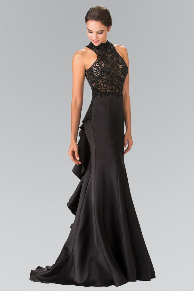 Long Embroidered Illusion Dress with Ruffled Back by Elizabeth K GL2227-Long Formal Dresses-ABC Fashion