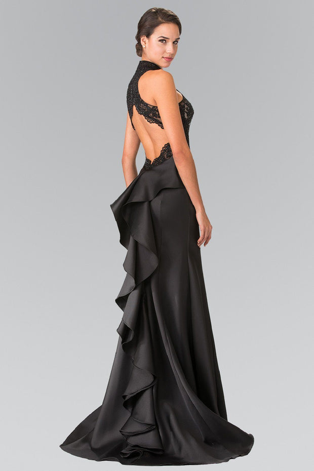 Long Embroidered Illusion Dress with Ruffled Back by Elizabeth K GL2227-Long Formal Dresses-ABC Fashion