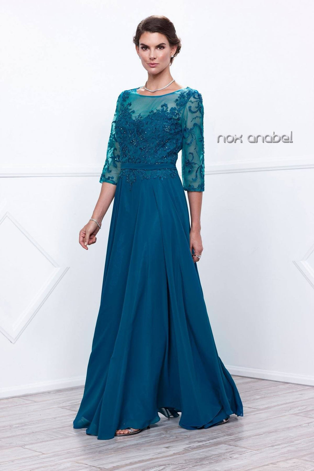 Long Embroidered Illusion Dress with Sleeves by Nox Anabel 5145-Long Formal Dresses-ABC Fashion