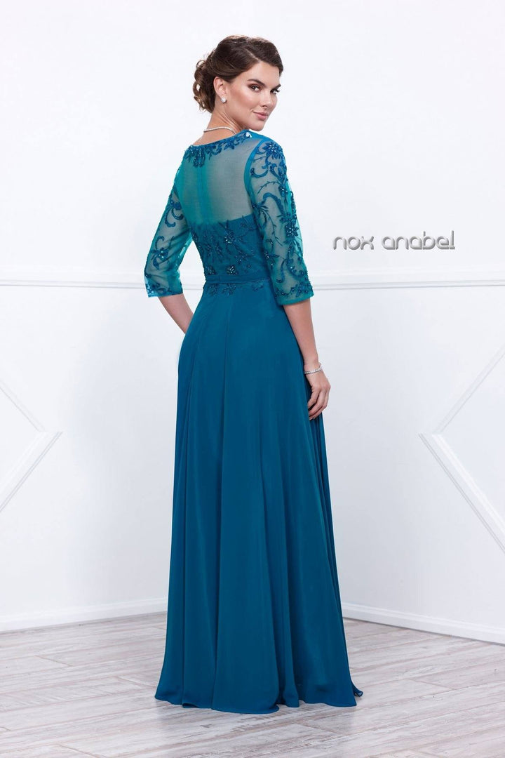 Long Embroidered Illusion Dress with Sleeves by Nox Anabel 5145-Long Formal Dresses-ABC Fashion