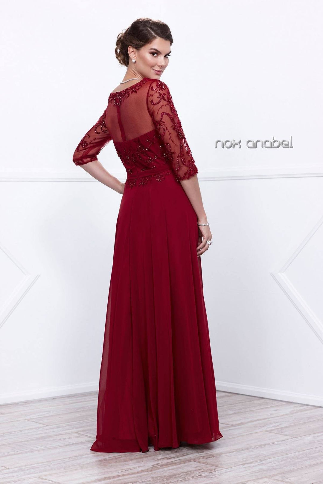 Long Embroidered Illusion Dress with Sleeves by Nox Anabel 5145-Long Formal Dresses-ABC Fashion