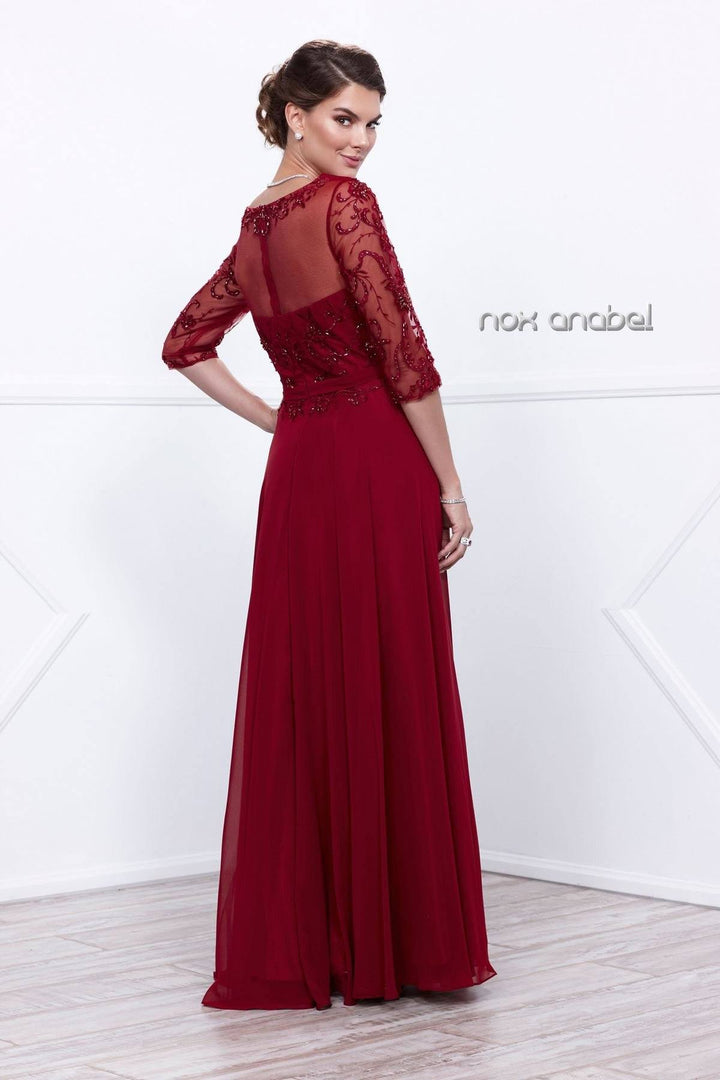 Long Embroidered Illusion Dress with Sleeves by Nox Anabel 5145-Long Formal Dresses-ABC Fashion