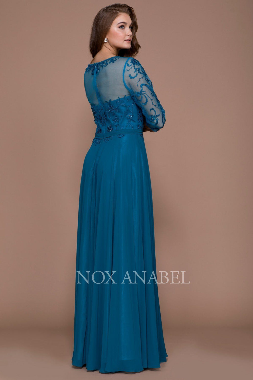 Long Embroidered Illusion Dress with Sleeves by Nox Anabel 5145-Long Formal Dresses-ABC Fashion