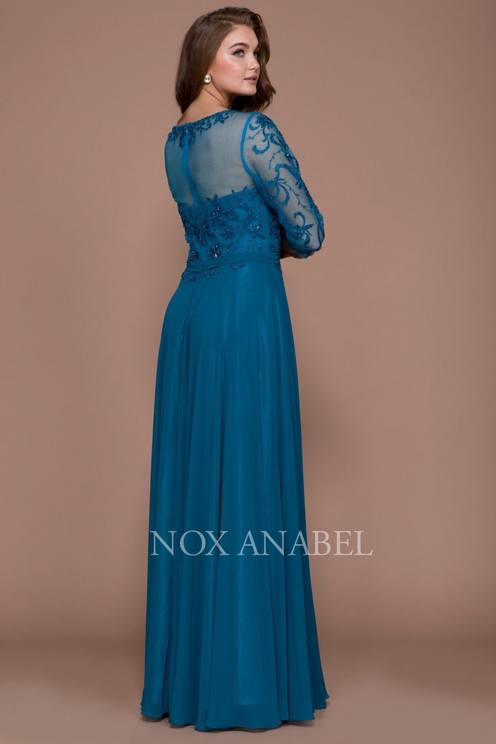 Long Embroidered Illusion Dress with Sleeves by Nox Anabel 5145-Long Formal Dresses-ABC Fashion