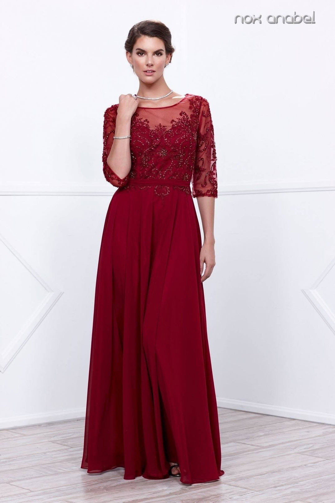 Long Embroidered Illusion Dress with Sleeves by Nox Anabel 5145-Long Formal Dresses-ABC Fashion
