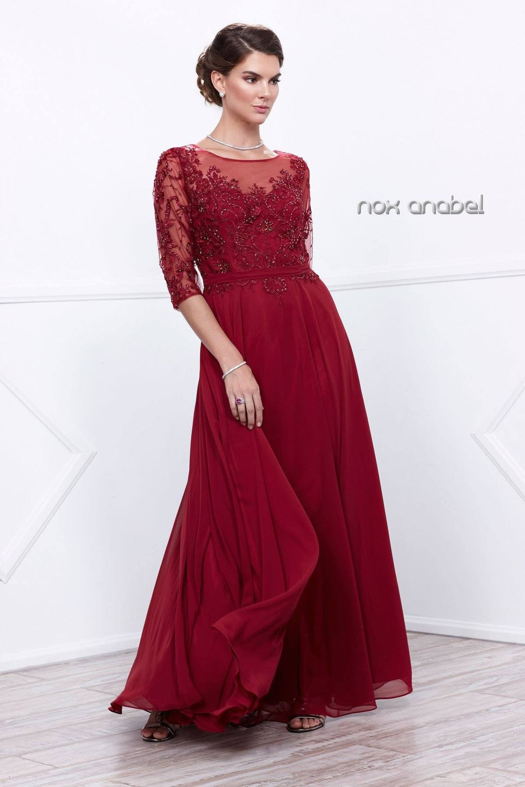 Long Embroidered Illusion Dress with Sleeves by Nox Anabel 5145-Long Formal Dresses-ABC Fashion
