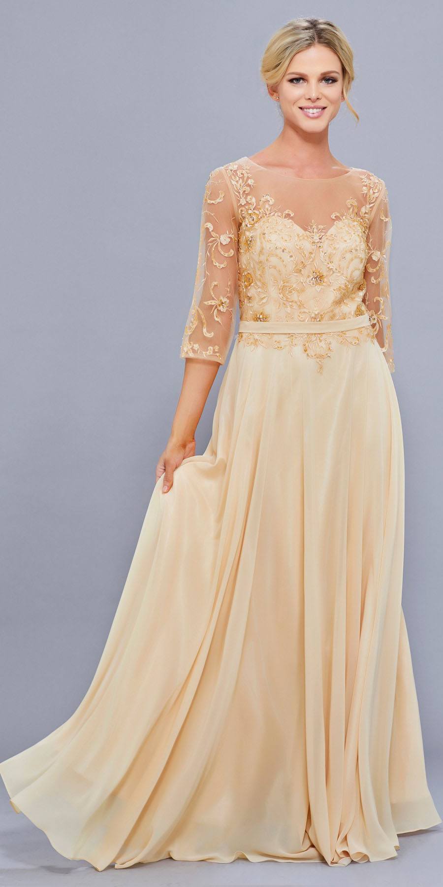 Long Embroidered Illusion Dress with Sleeves by Nox Anabel 5145-Long Formal Dresses-ABC Fashion