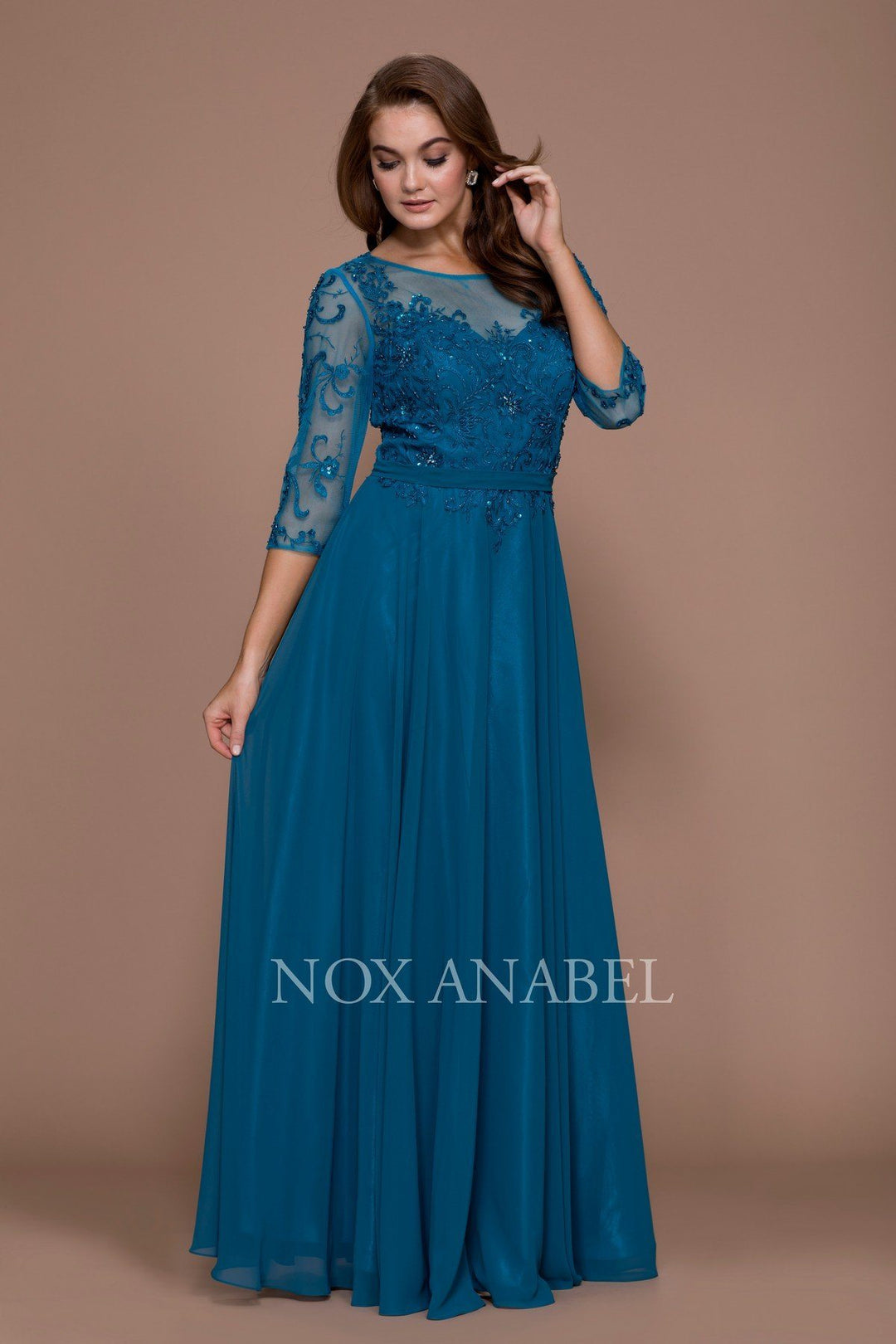 Long Embroidered Illusion Dress with Sleeves by Nox Anabel 5145-Long Formal Dresses-ABC Fashion