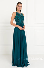 Long Embroidered Teal Chiffon Dress by Elizabeth K GL1570-Long Formal Dresses-ABC Fashion
